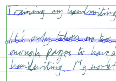 A screenshot of my handwriting in Transkribus with coloured lines and boxes showing text that has been detected on the page